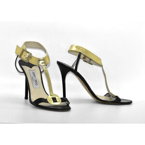 C0 Auth JIMMY CHOO Black Leather Gold Vamp Strap Sandal Heels Shoes Size 38.5